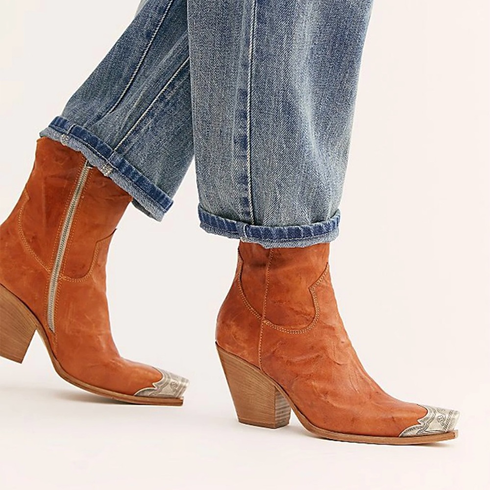 Free People Brayden Western Boho Boots Tan Etched Snip Toe Size 7 - Picture 6 of 16